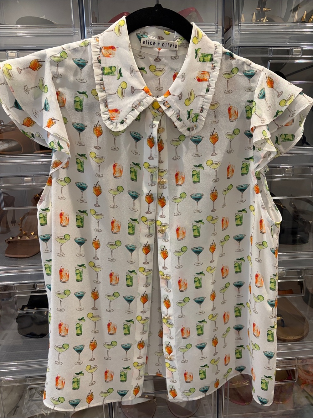 Alice + Olivia White Multicolor Cocktail Print Ruffle Sleeve Shirt